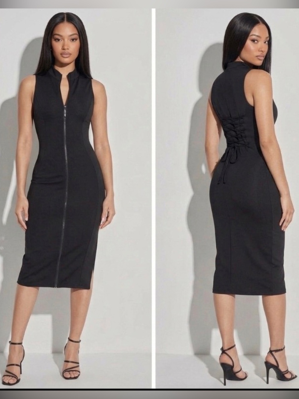 Ta3 Sleeveless Surfy Shapewear Black Zip-Front Midi Back Lace Up Pencil Dress S